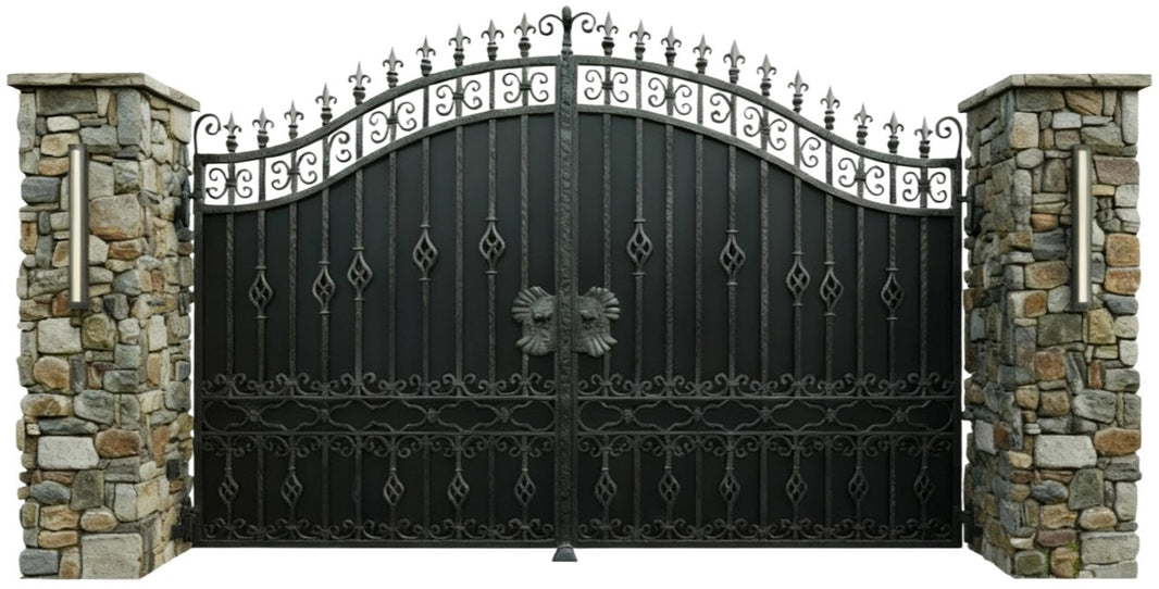 Scrollcrest Bloom – Floral Scroll Wrought Iron Gate  Model # DWG876