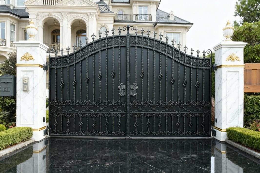 Scrollcrest Bloom – Floral Scroll Wrought Iron Gate with Rustic Pillars Model # DWG876