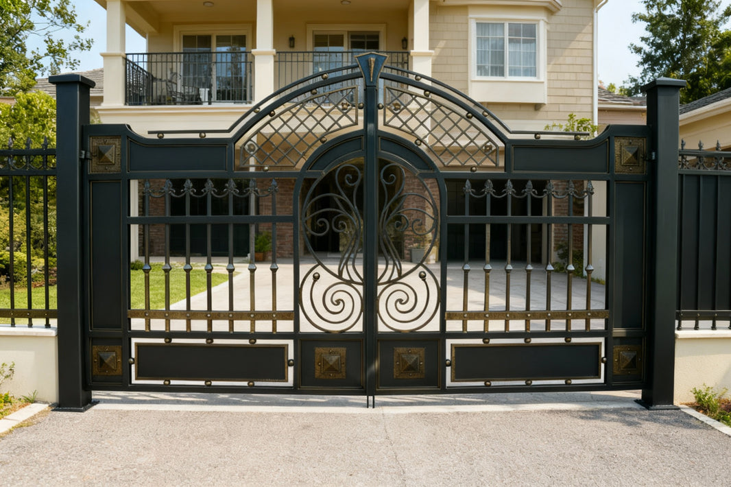 Gilded Lattice – Scroll & Panel Wrought Iron Gate with Gold Accents Model # DWG878