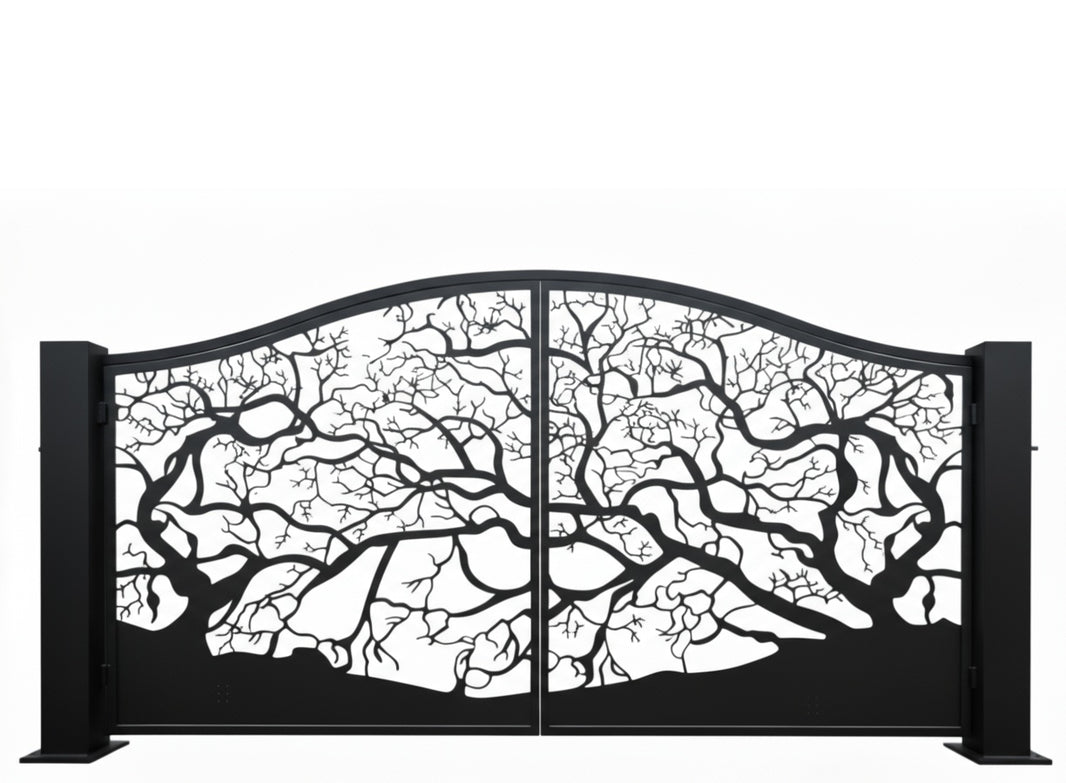 Branchveil Unity – Wrought Iron Gate with Tree Silhouette & Arched Canopy Model # DWG879