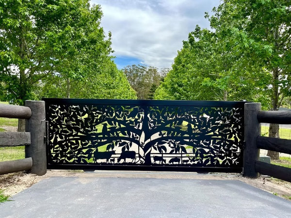 Whispering Woods – Plasma-Cut Steel Driveway Gate Model # DWG880