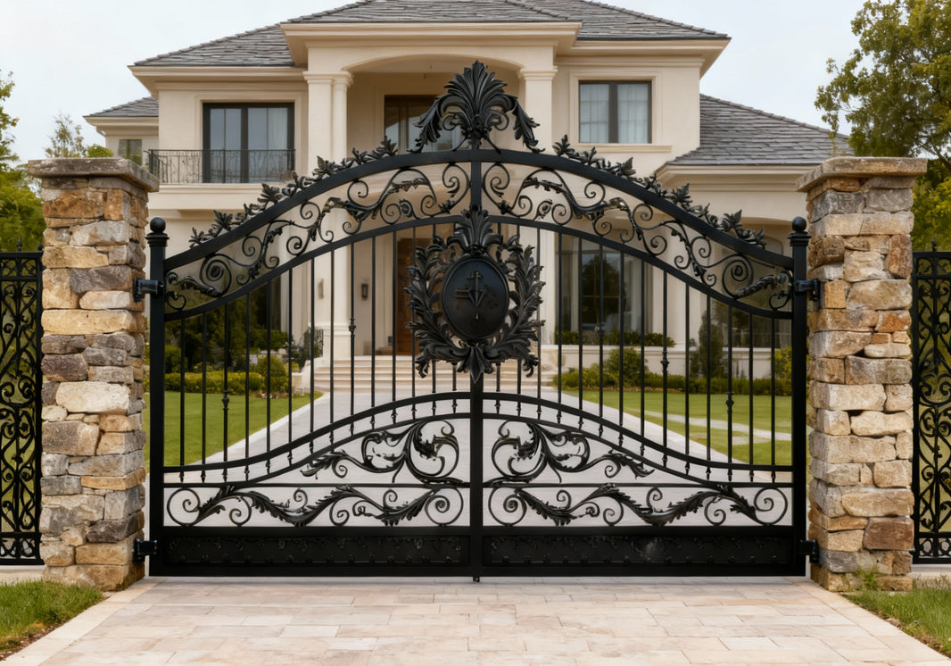 Fleur crest Dominion – Ornate Wrought Iron Gate with Fleur-de-Lis Emblem & Scrollwork Model # DWG880