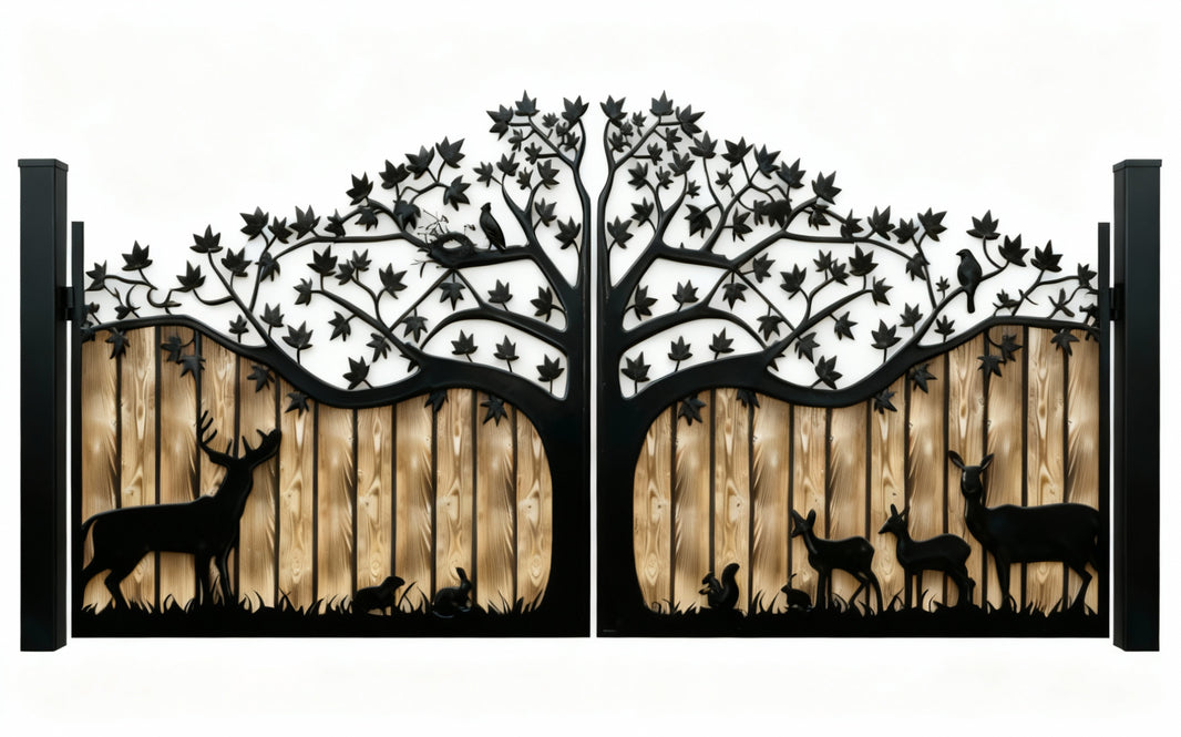 Forest Haven – Tree & Wildlife Silhouette Gate with Wood Backing Model # DWG885