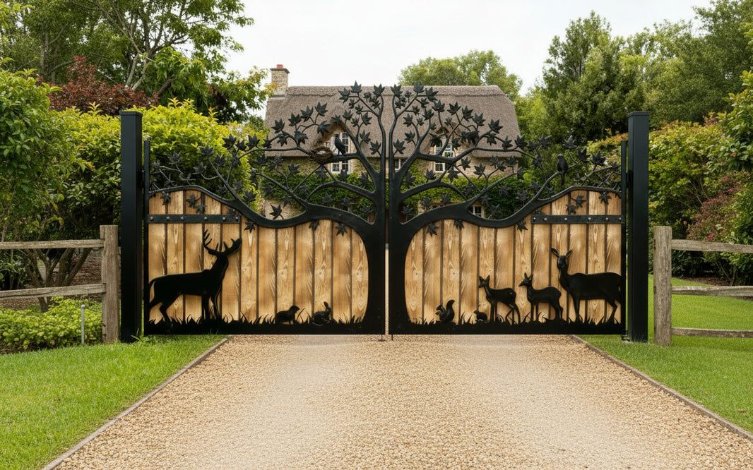 Forest Haven – Tree & Wildlife Silhouette Gate with Wood Backing Model # DWG885
