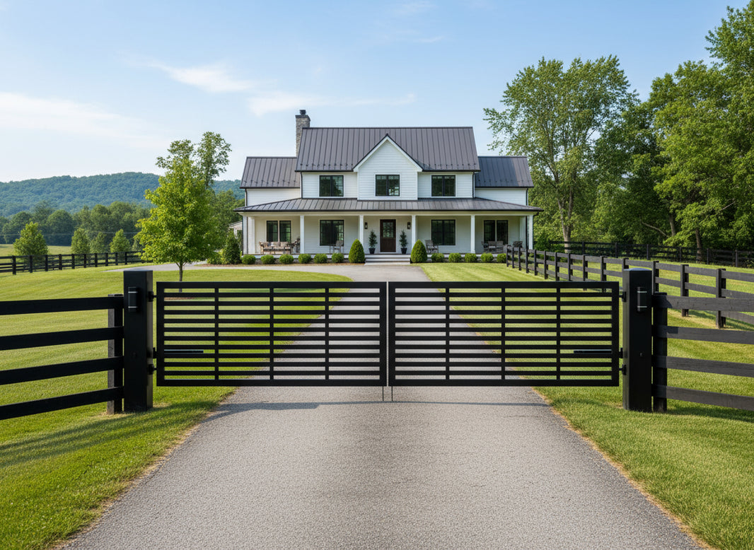GridForm Axis – Modern Steel Driveway Gate with Geometric Paneling Model # DWG8866