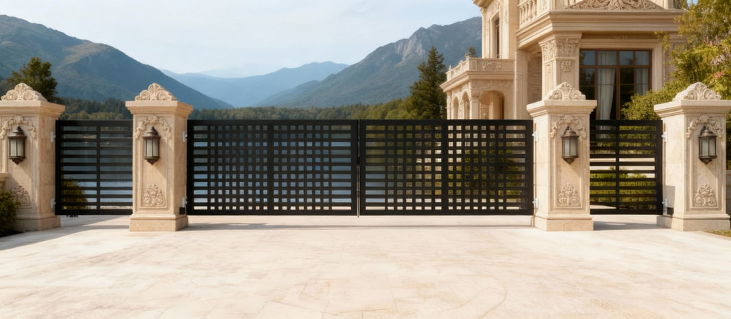 GridForm Axis – Modern Steel Driveway Gate with Geometric Paneling Model # DWG8866