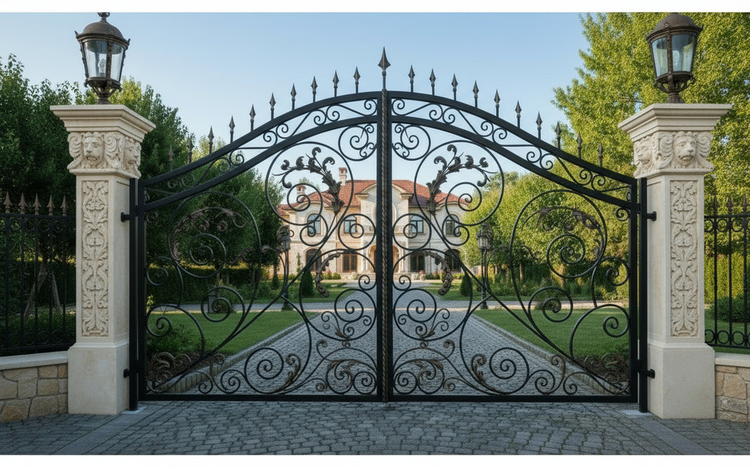 Iron leaf Elan – Decorative Scroll & Leaf Wrought Iron Gate with Lantern Pillars Model # DWG896