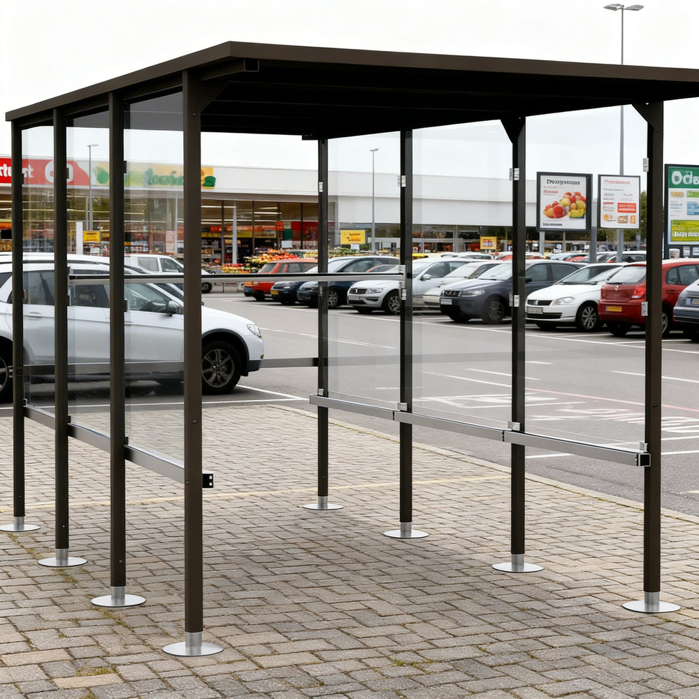 Interior of TAIMCO shopping cart shelter with steel frame and open layout for organized cart storage.
