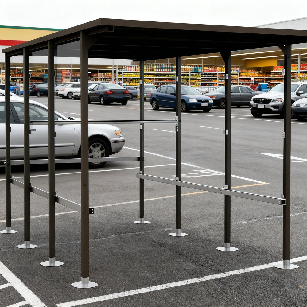 Black steel frame and precision‑welded joints on TAIMCO shopping cart shelter.