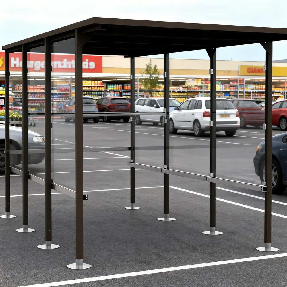Structural beam and support detail of TAIMCO metal shopping cart shelter showcasing commercial‑grade fabrication.