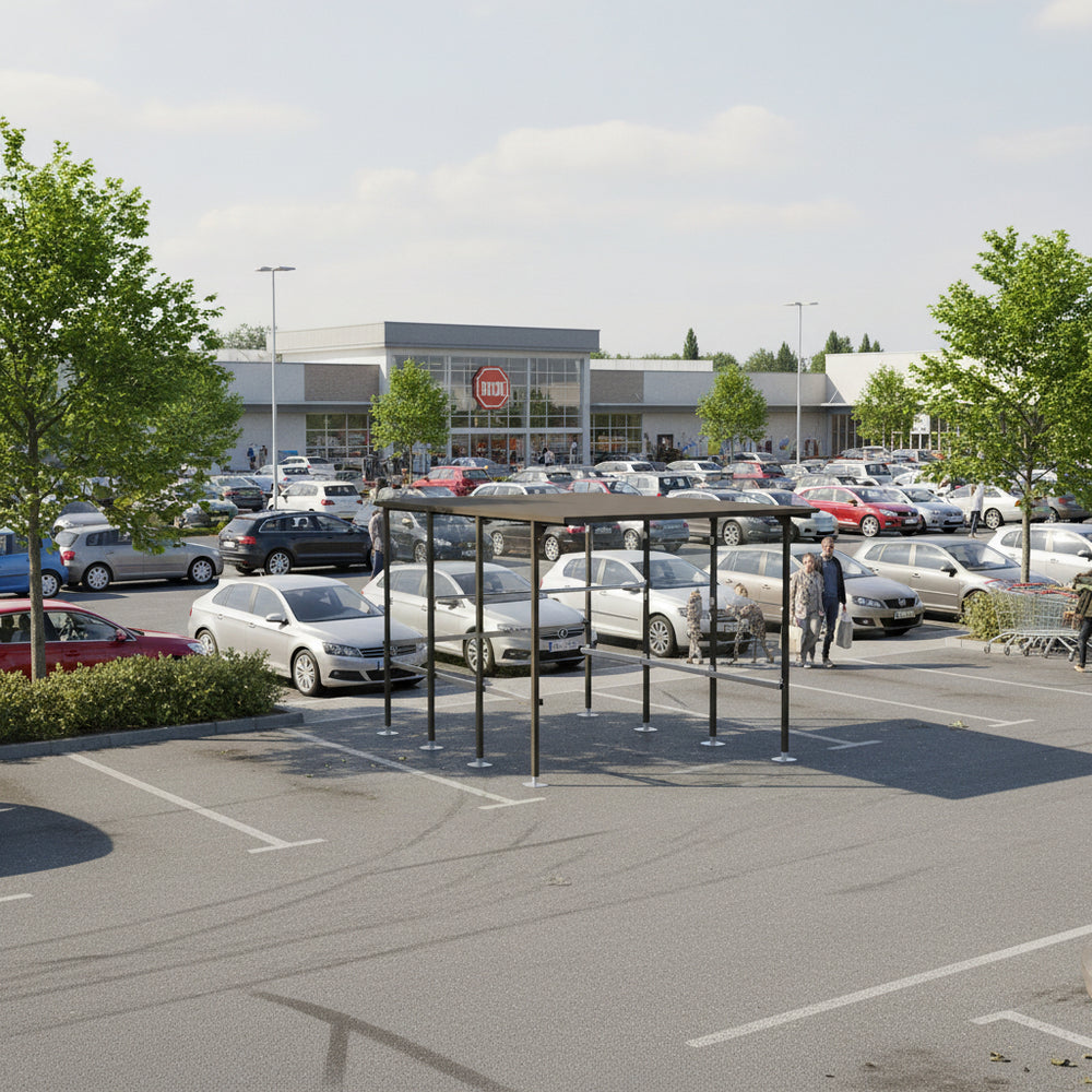 Empty modern shopping cart shelter with flat roof and glass enclosure designed for grocery and retail stores.