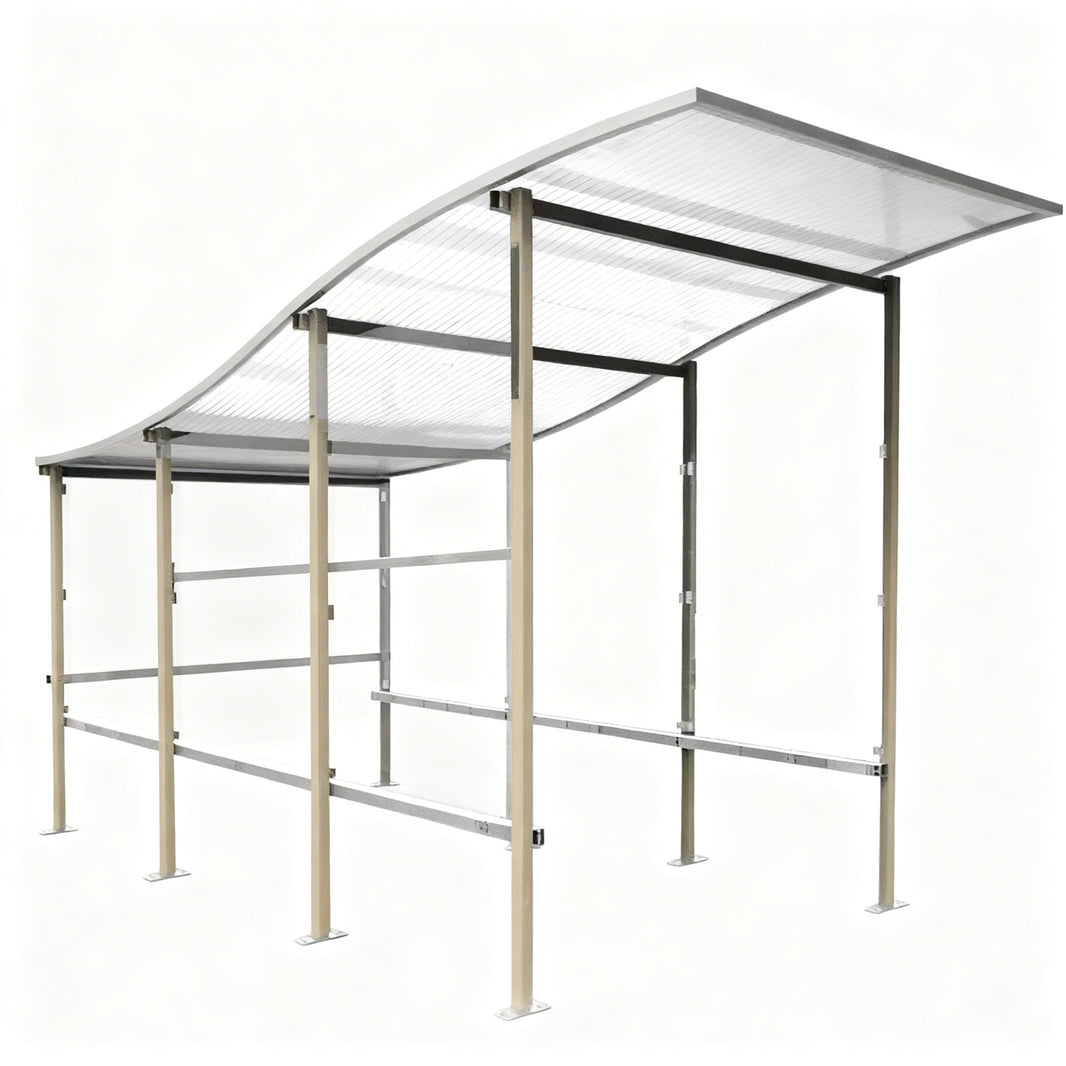 Rear angle of shopping cart shelter with curved roof and open‑air structure.