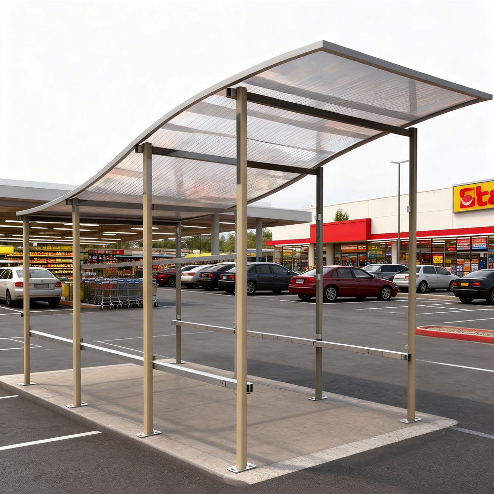 Side profile of modern shopping cart shelter featuring arched roof design and durable steel supports.