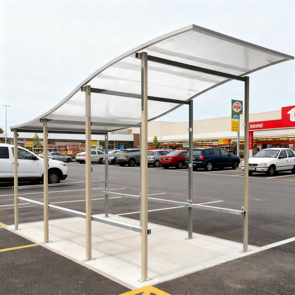 Black steel frame and precision‑welded joints on TAIMCO shopping cart shelter.