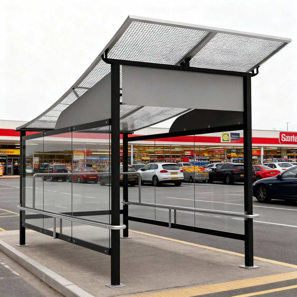 Interior of TAIMCO shopping cart shelter with stainless steel railings for organized cart storage.