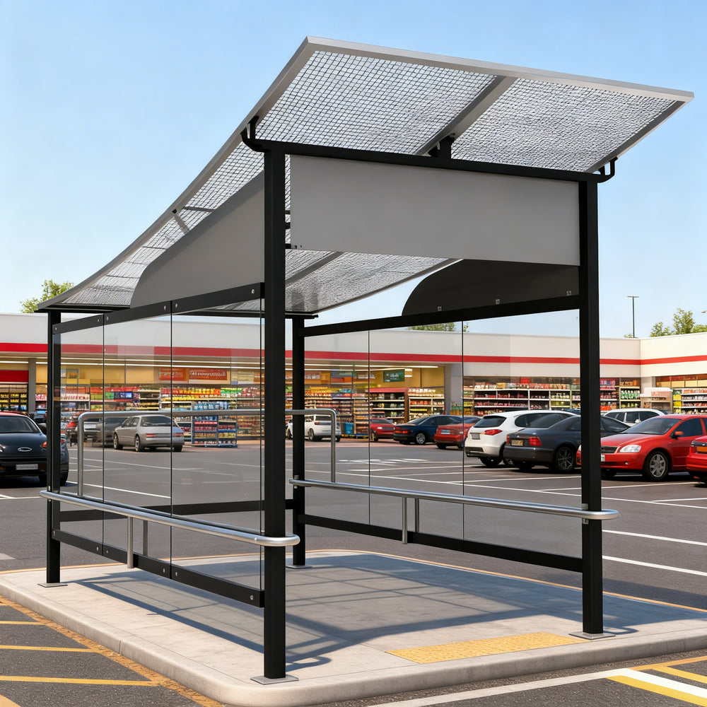TAIMCO shopping cart shelter with wavy perforated roof and full glass side panels.