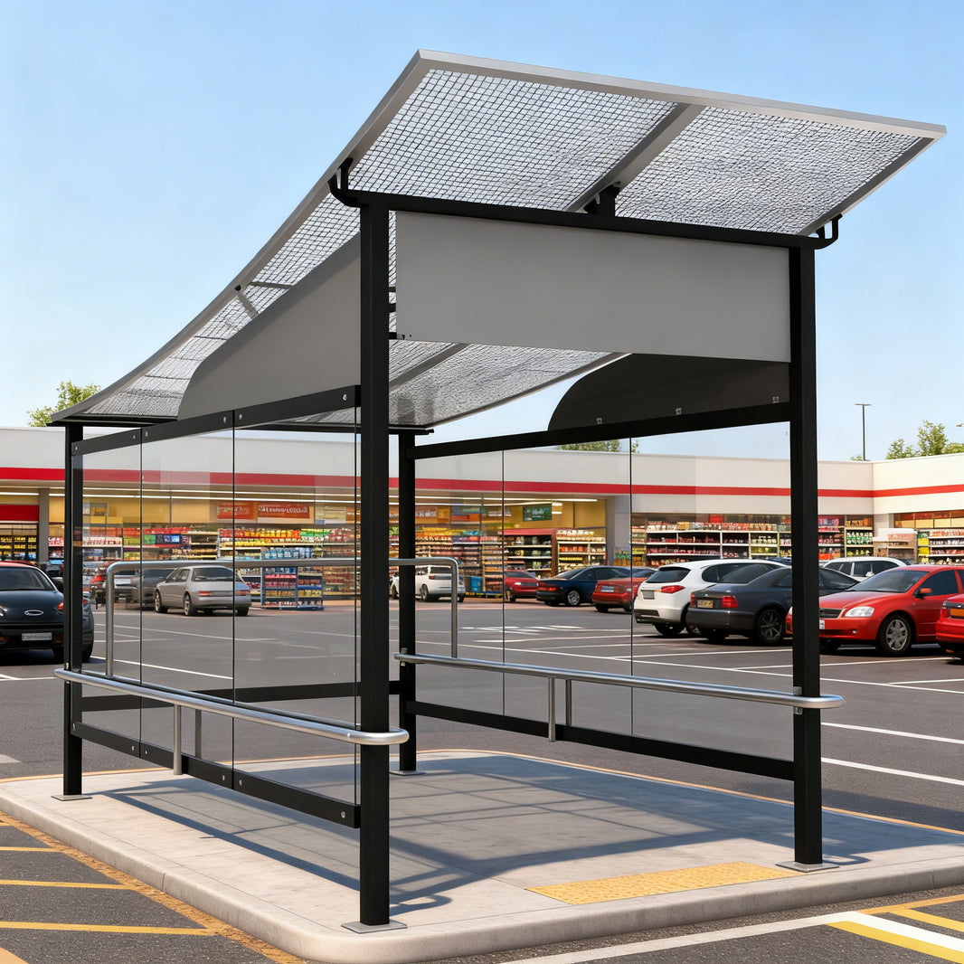 TAIMCO shopping cart shelter with wavy perforated roof and full glass side panels.