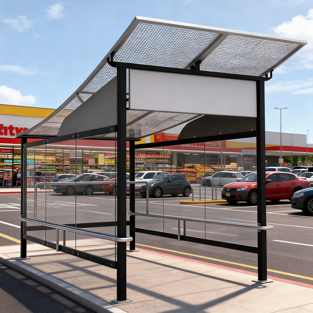Black steel frame and precision‑welded joints on TAIMCO shopping cart shelter.