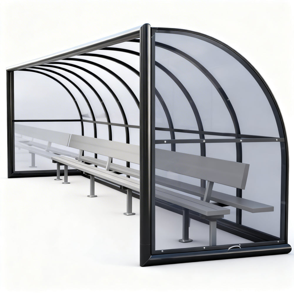 TAIMCO referee shelter installed beside a sports field with curved roof and aluminum bench.