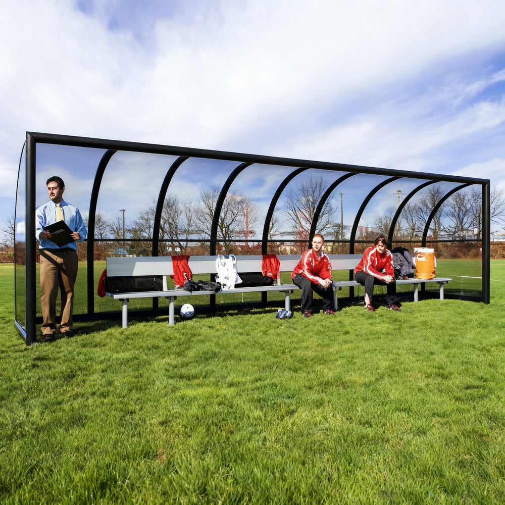 Close‑up of curved polycarbonate roof on TAIMCO sports shelter showing weather‑resistant construction.