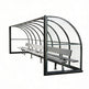 TAIMCO sports referee shelter with curved polycarbonate roof and aluminum bench seating.