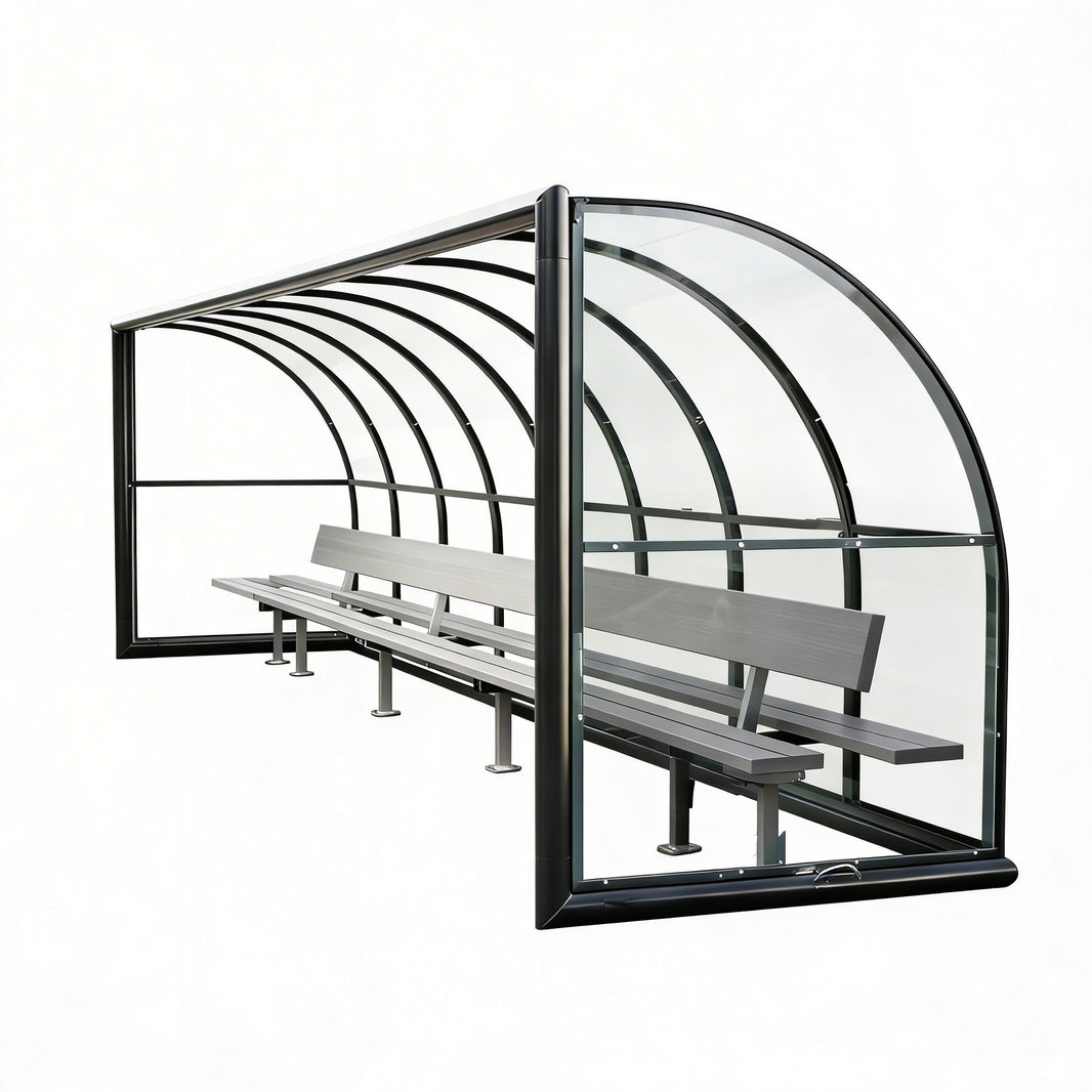 TAIMCO sports referee shelter with curved polycarbonate roof and aluminum bench seating.