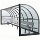 TAIMCO sports referee shelter with curved polycarbonate roof and aluminum bench seating.