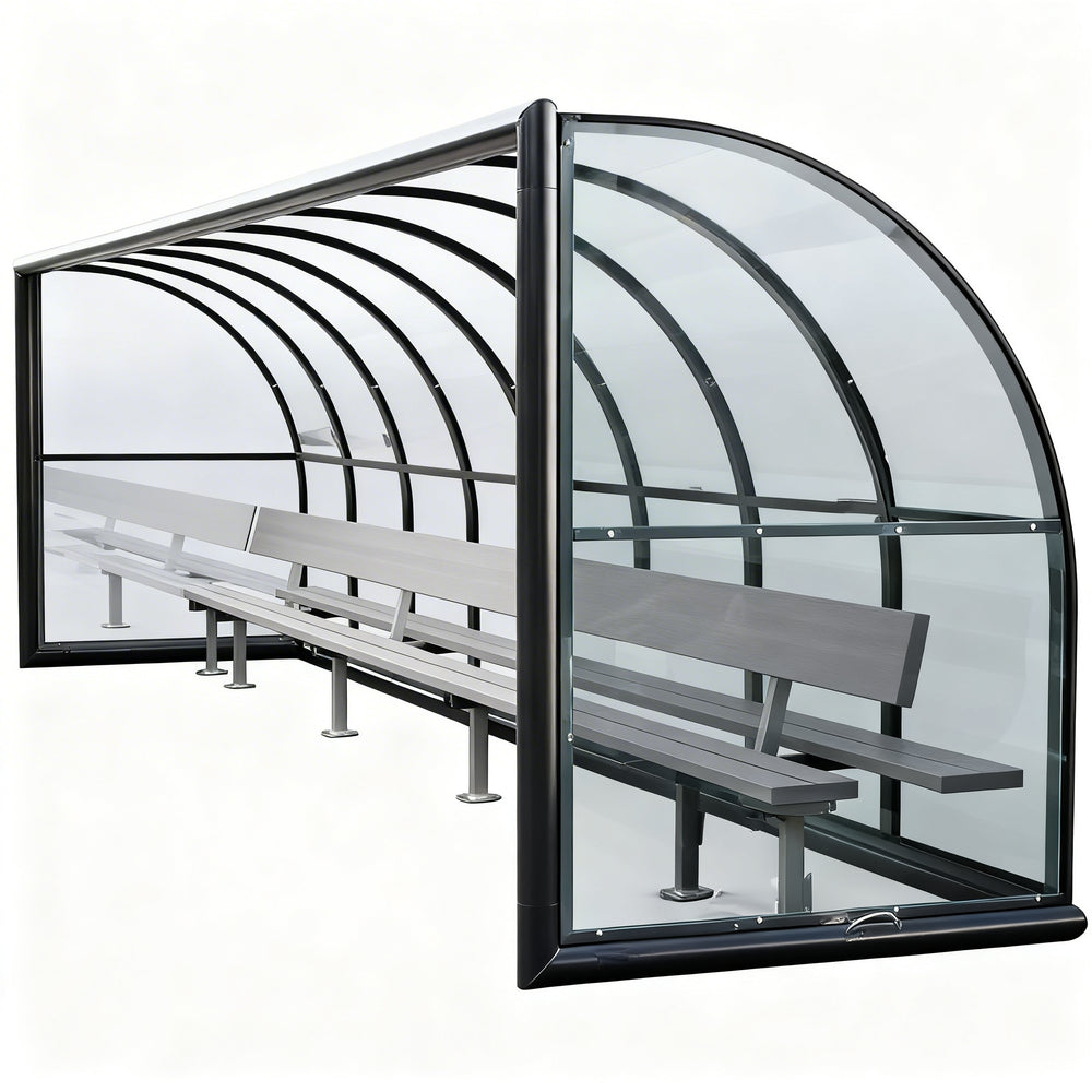 TAIMCO sports referee shelter with curved polycarbonate roof and aluminum bench seating.