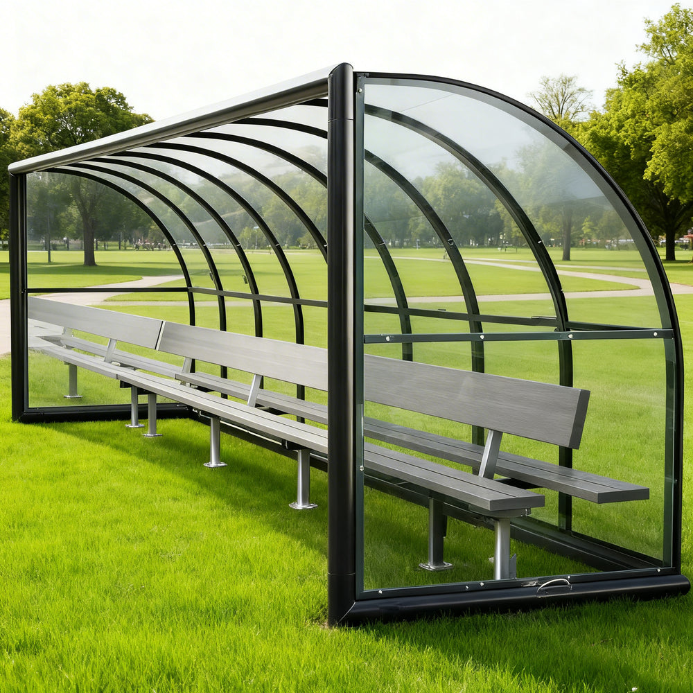 Aluminum bench seating inside TAIMCO referee shelter designed for sports officials.