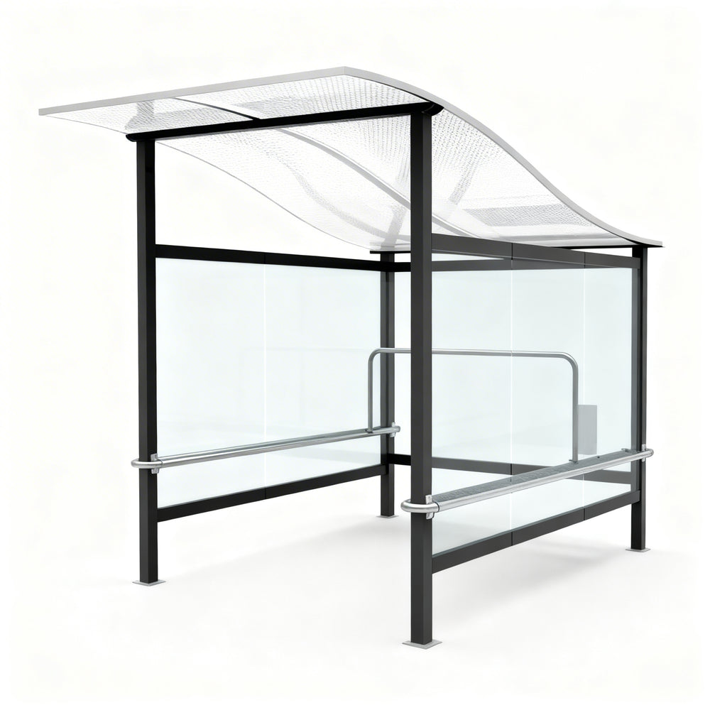 TAIMCO shopping cart shelter with wavy polycarbonate roof and full glass side panels.