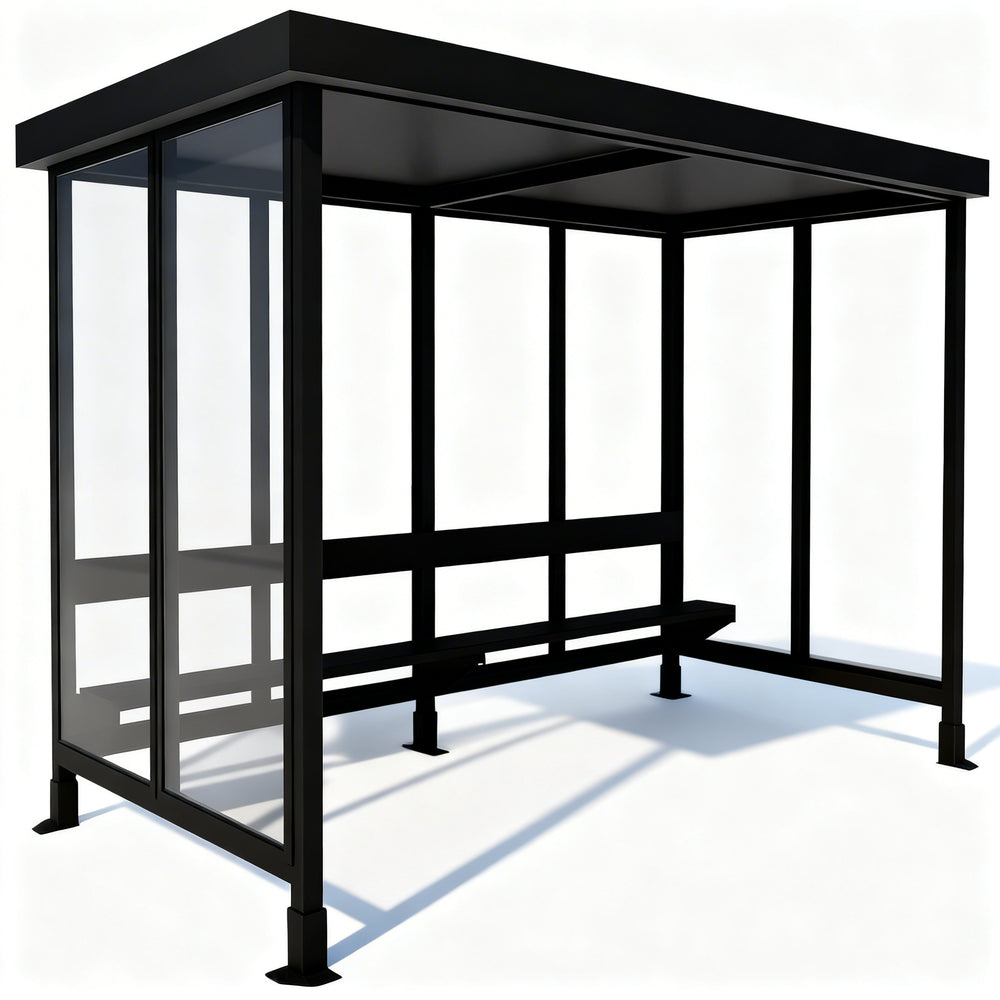 TAIMCO bus stop shelter installed outdoors with flat roof and glass side panels for public transit use.