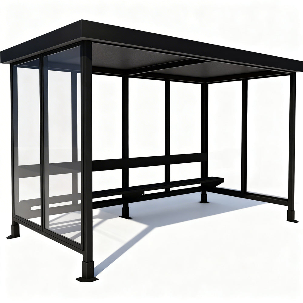 TAIMCO bus stop shelter with flat roof, full glass panels, and integrated bench seating.