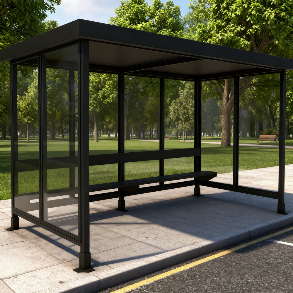 Interior of TAIMCO bus stop shelter with steel frame and built‑in bench for passenger seating.