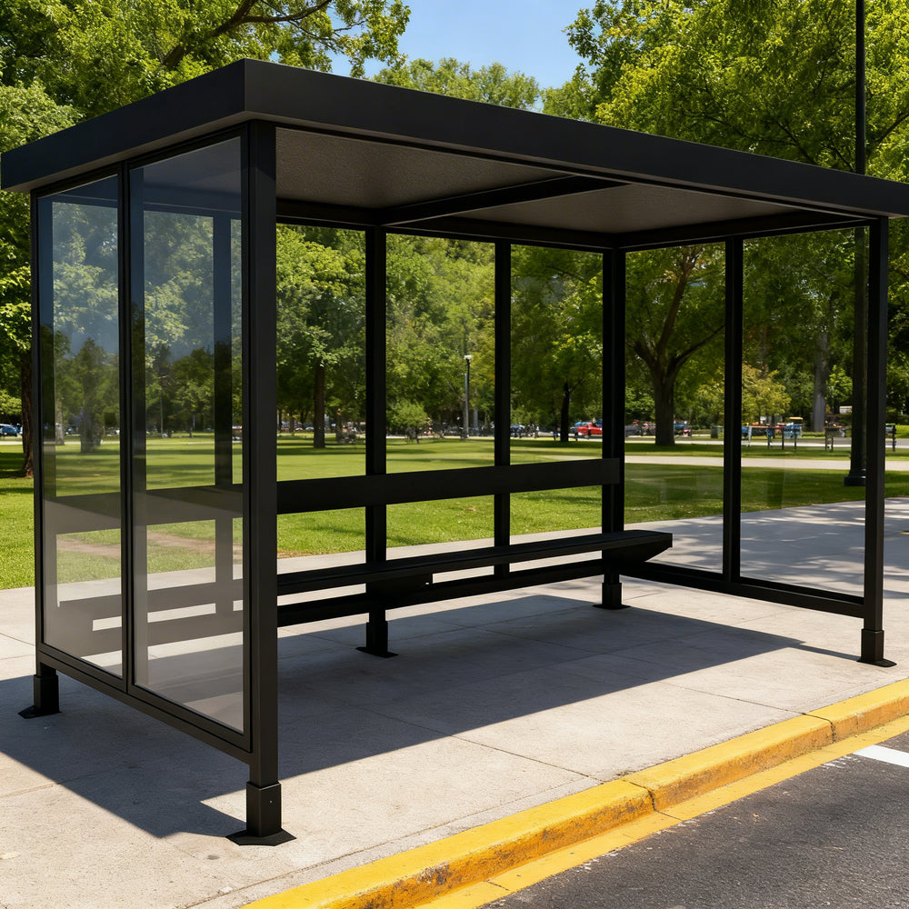 Close‑up of flat metal roof panel on TAIMCO bus stop shelter showing durable weather‑resistant construction.