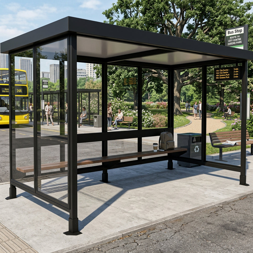 Black steel frame and precision‑welded joints on TAIMCO bus stop shelter.