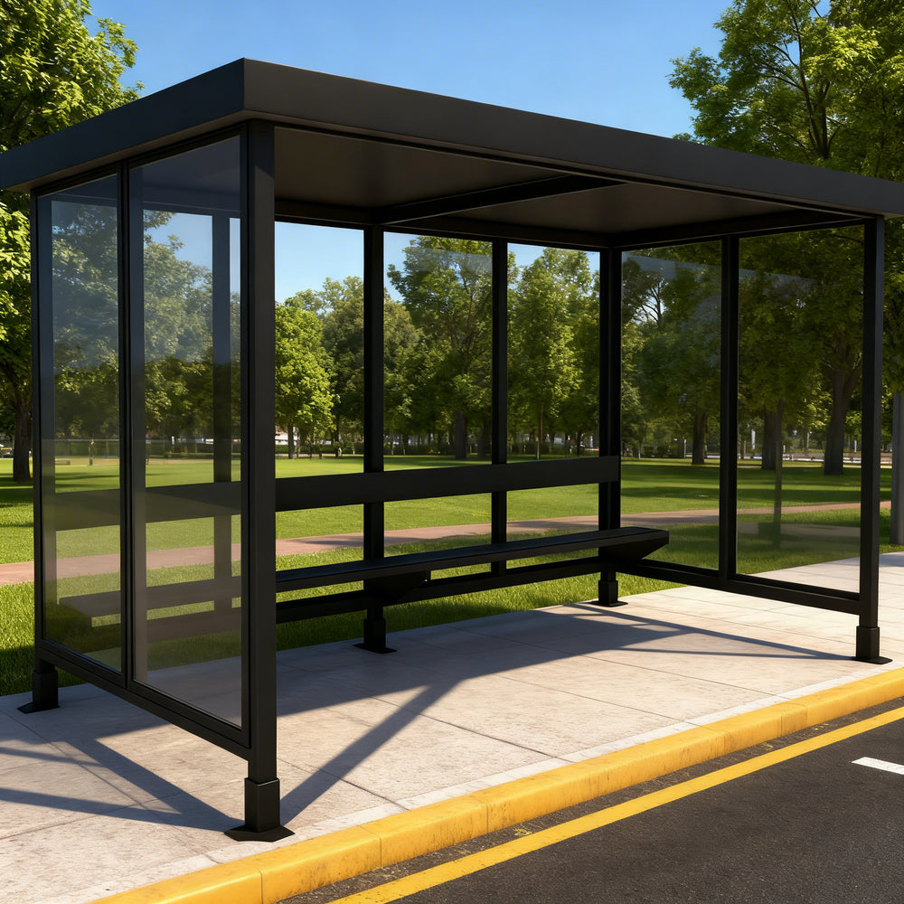 Integrated bench seating inside TAIMCO bus stop shelter providing comfortable waiting space.