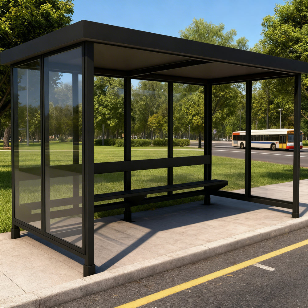 empered glass side panel on TAIMCO bus stop shelter offering visibility and weather protection.
