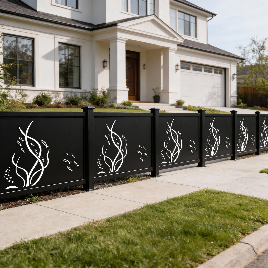Underwater Marine Life Plasma‑Cut Steel Fence Panel Fish & Seaweed Design Model # FP938