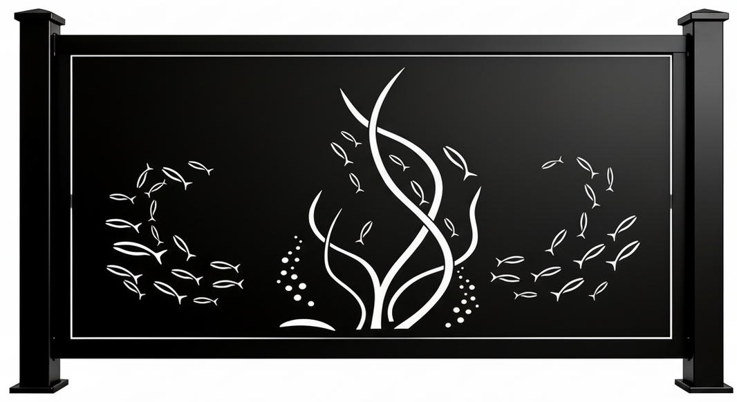 Underwater Marine Life Plasma‑Cut Steel Fence Panel Fish & Seaweed Design Model # FP938