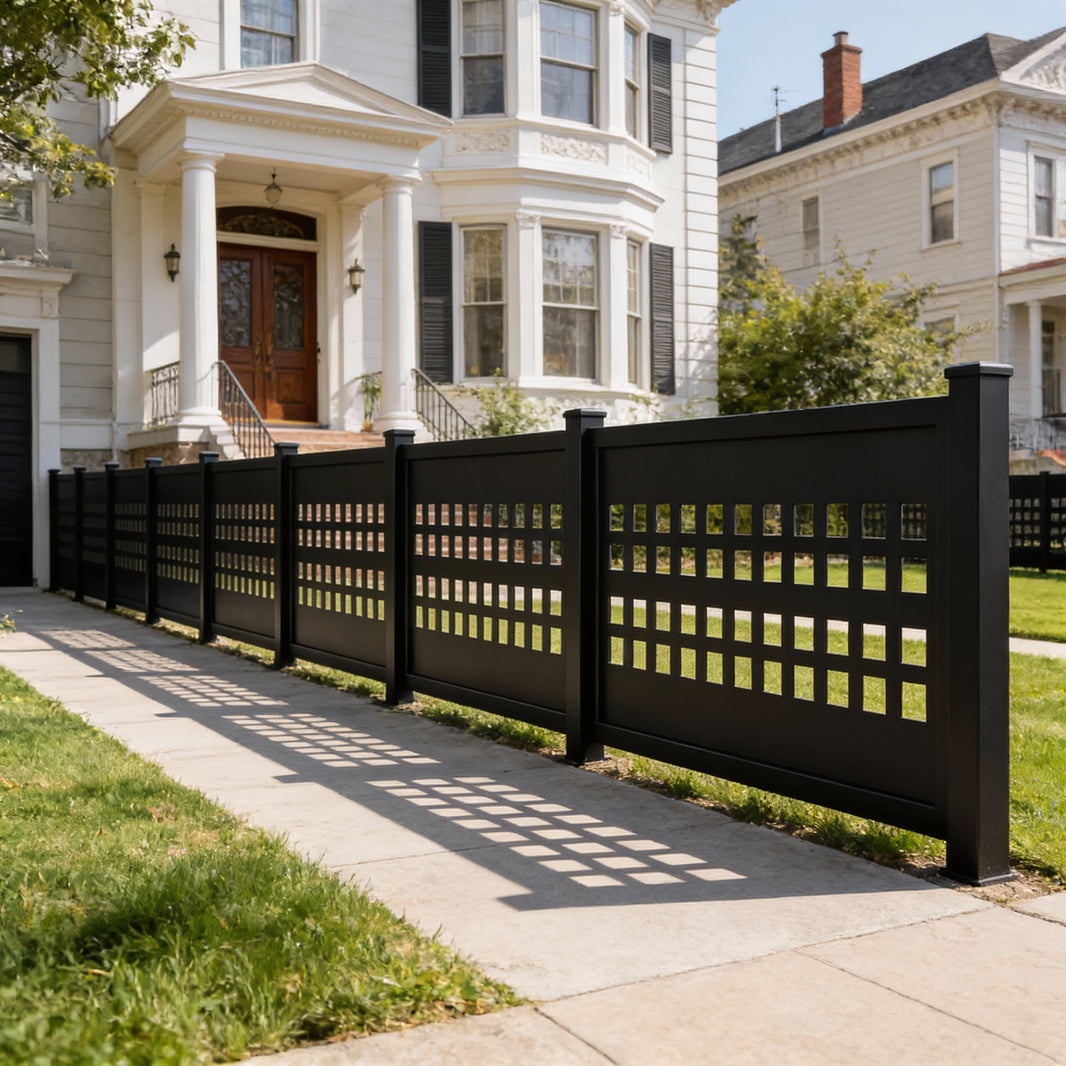 Modern Square Grid Plasma‑Cut Steel Fence Panel | Contemporary Metal Privacy Screen Model # FP941