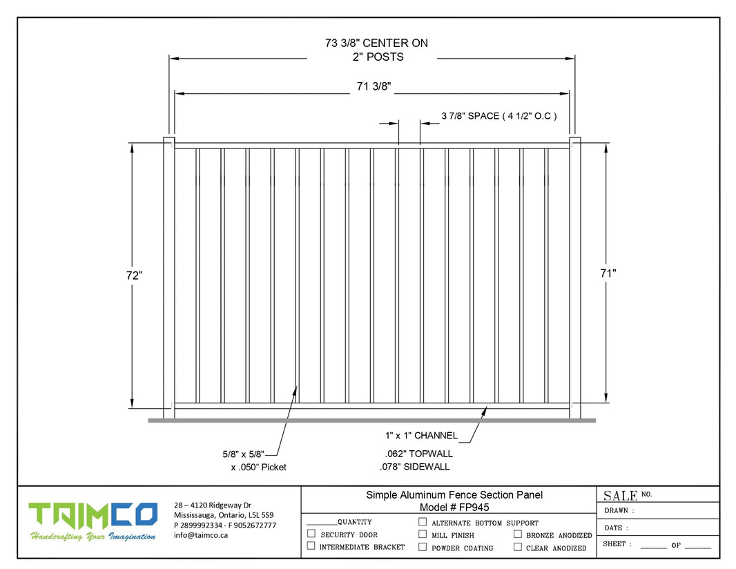 Simple Aluminum Fence Section Panel – Model # FP945