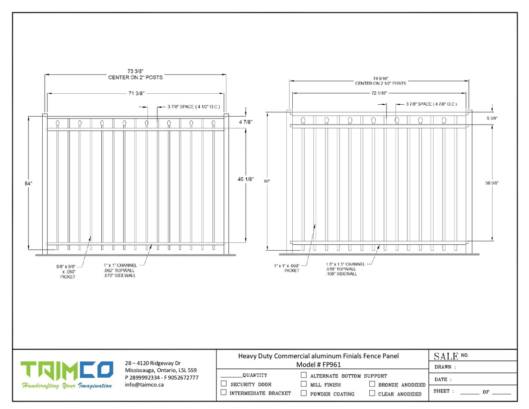 Heavy Duty Commercial aluminum Finials Fence Panel - Model # FP961