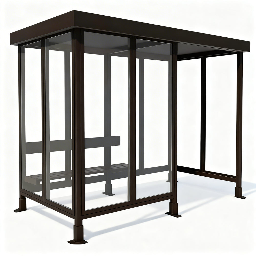 Integrated bench seating inside TAIMCO bus stop shelter providing comfortable waiting space.
