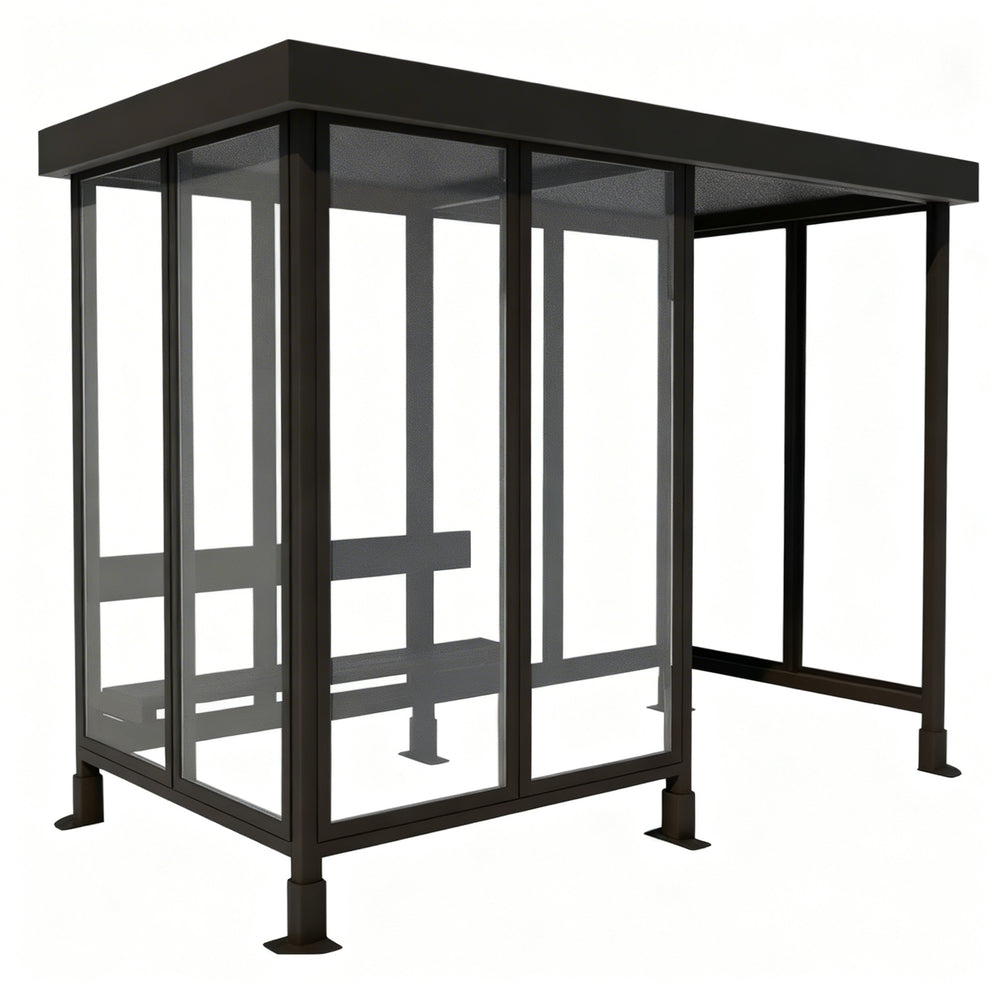 TAIMCO bus stop shelter with flat roof, full glass panels, and integrated bench seating.