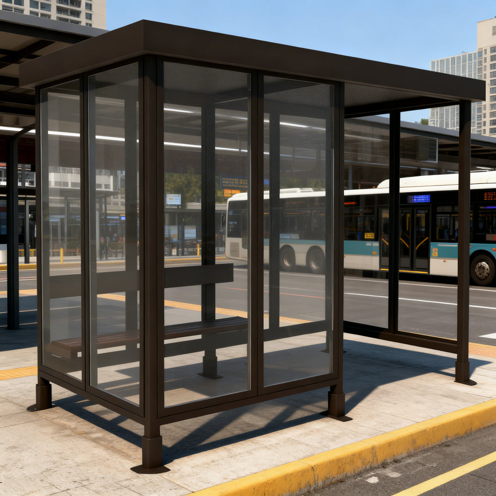 Rear angle of bus stop shelter with flat roof and full glass back panel.