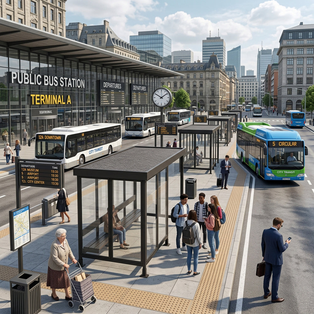 Tempered glass side panel on TAIMCO bus stop shelter offering visibility and weather protection.