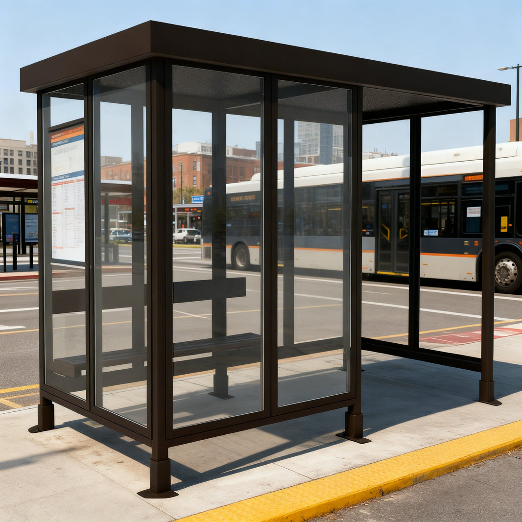 Side profile of modern bus stop shelter featuring flat roof design and transparent glass enclosure.