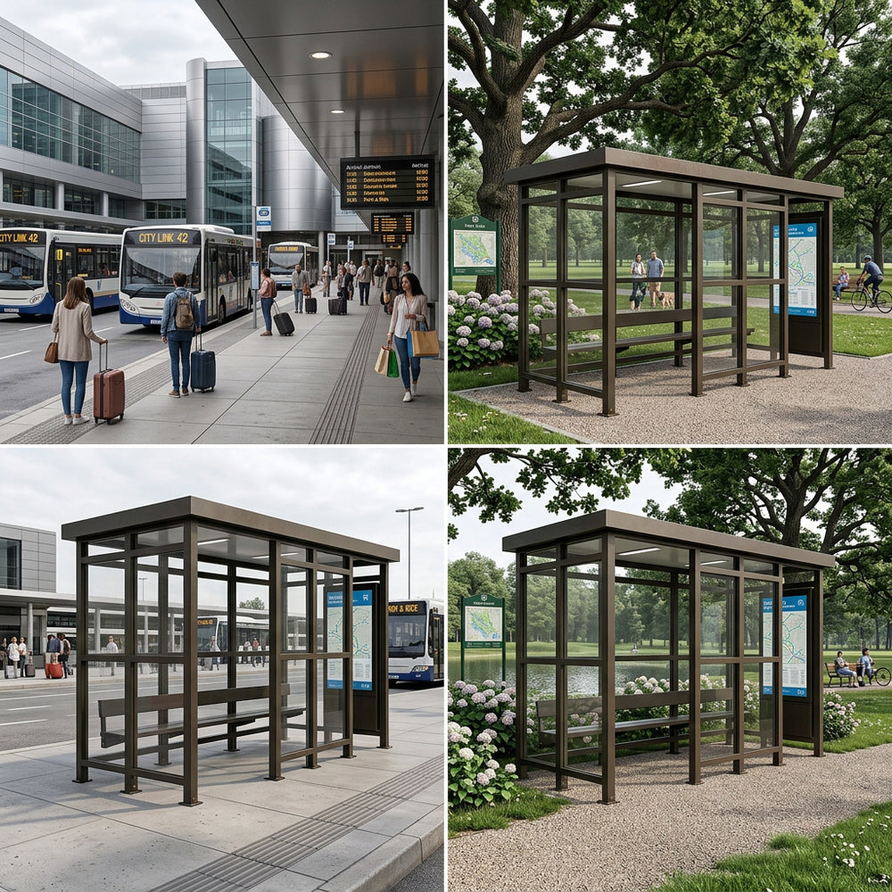 Interior of TAIMCO bus stop shelter with steel frame and built‑in bench for passenger seating.