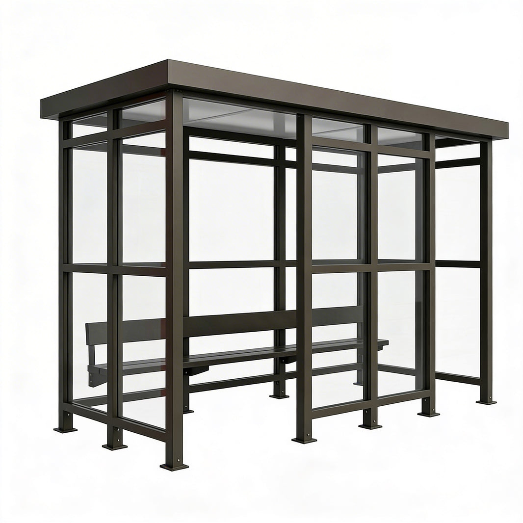 AIMCO bus stop shelter with flat roof, full glass panels, and integrated bench seating.