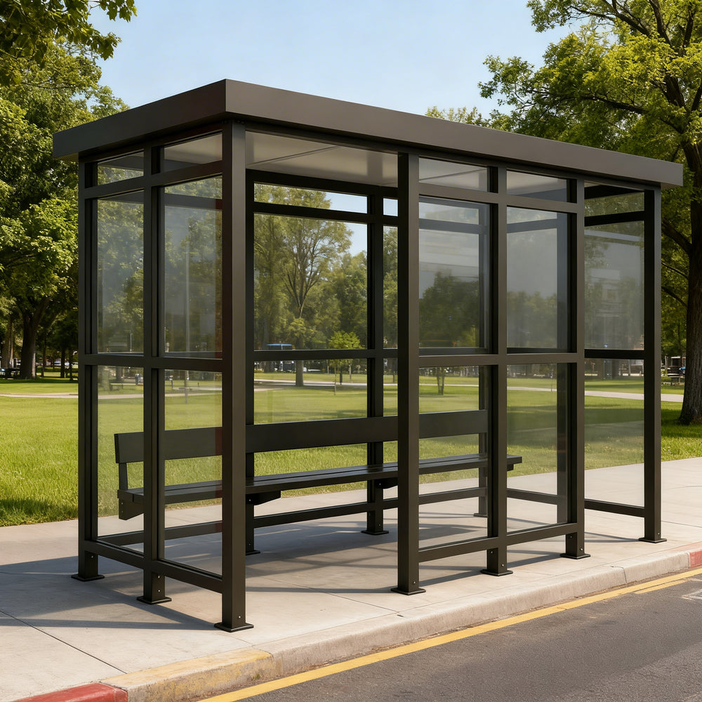 Close‑up of flat metal roof panel on TAIMCO bus stop shelter showing durable weather‑resistant construction.
